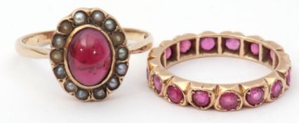 Mixed Lot: 9ct gold garnet and seed pearl dress ring, size O, together with a yellow metal ruby