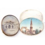 Mixed Lot: two Mogul School miniatures, hand decorated with temples, 3 x 2.5cm each (2)