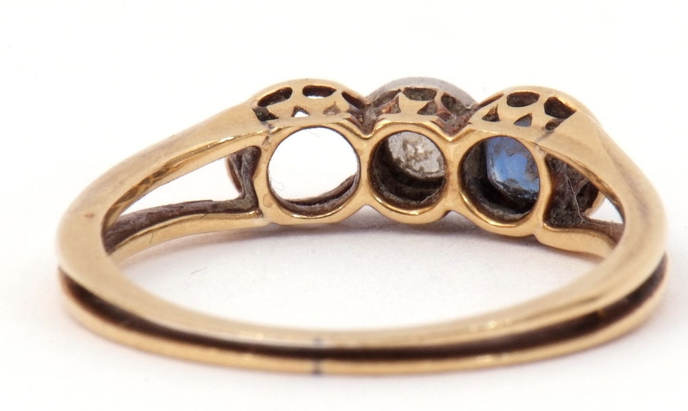 Antique diamond and sapphire ring, centring a brilliant cut diamond in rub-over setting and one oval - Image 4 of 7