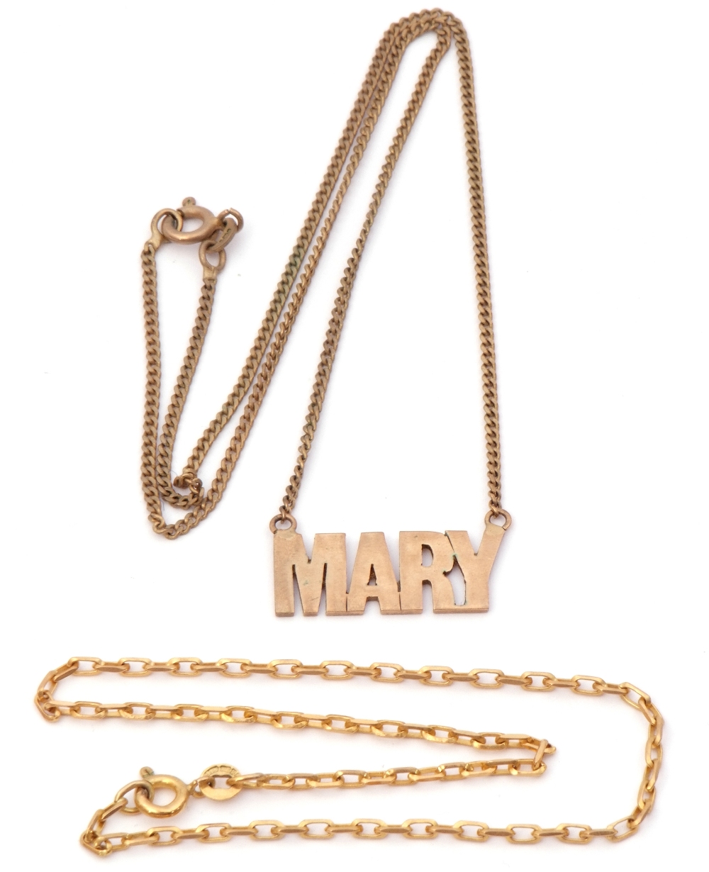 Mixed Lot: 9ct stamped pendant, engraved "Mary", suspended from a 9ct gold filed curb link chain,