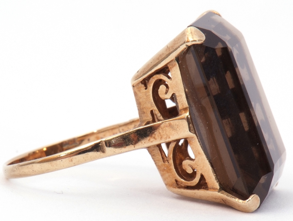 9ct stamped large smoky quartz ring of stepped cut rectangular shape, 2 x 1.5cm, four claw set and - Image 3 of 9