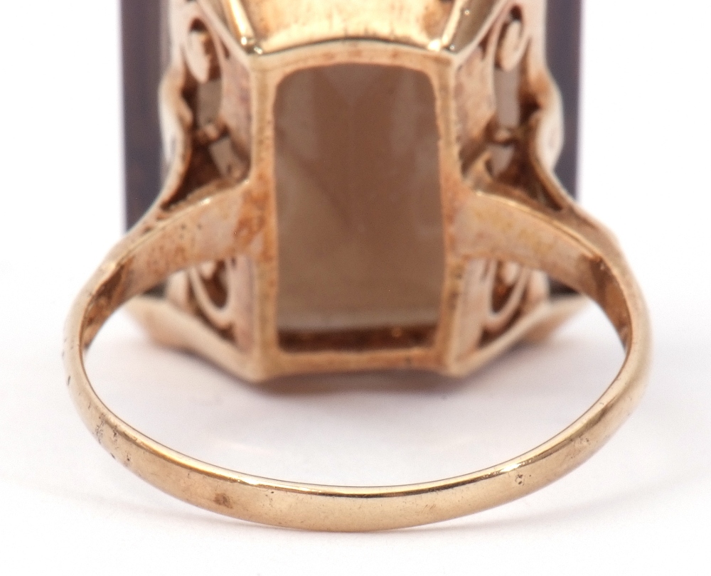 9ct stamped large smoky quartz ring of stepped cut rectangular shape, 2 x 1.5cm, four claw set and - Image 8 of 9