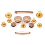 Mixed Lot: eleven 9ct stamped gents studs/buttons together with two yellow metal pin brooches, g/w