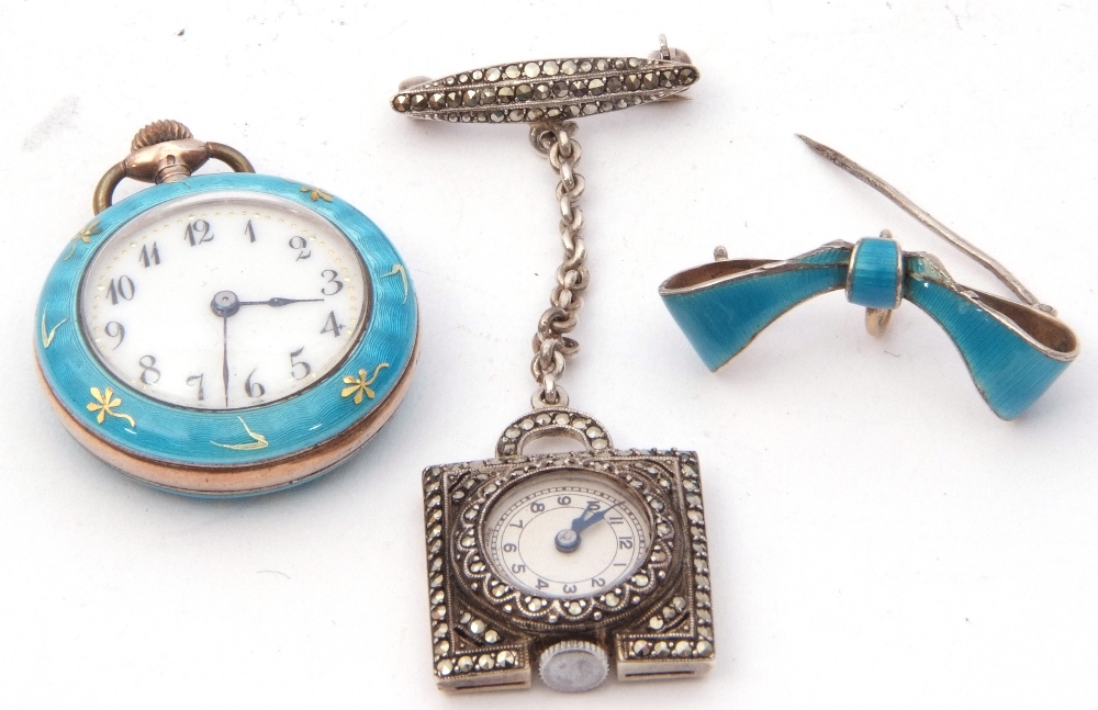 Mixed Lot: late 19th century enamel cased fob watch, the enamel dial with Arabic numerals, the - Image 2 of 2