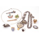 Mixed Lot: silver agate set dirk brooch (a/f), a metal cased pencil, large double heart pendant