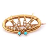 Antique 15ct stamped seed pearl and turquoise swallow bird brooch, the oval toned brooch with two