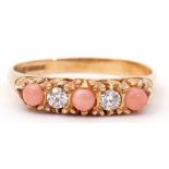 Antique diamond and coral set ring, alternate set with three small coral stones and two small