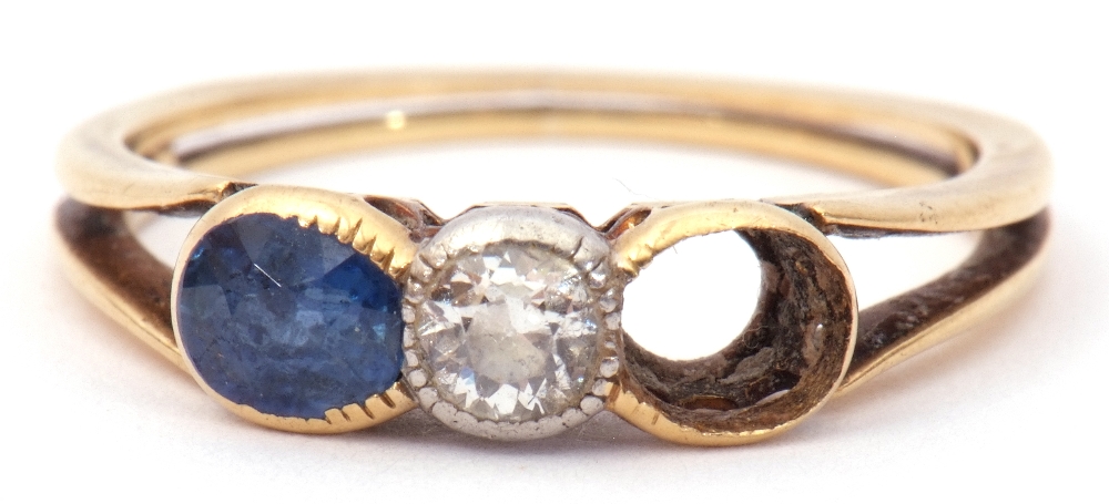 Antique diamond and sapphire ring, centring a brilliant cut diamond in rub-over setting and one oval - Image 7 of 7