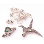 Vintage silver stamped and marcasite bird brooch, a parrot brooch, paste set and stamped "silver",