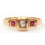 Antique 18ct gold diamond and ruby ring, the centre old cut diamond box set and flanked between