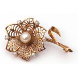 9ct gold and seed pearl brooch, a pierced design of a flower head highlighted with graduated seed