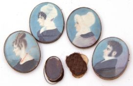 Four English School portrait miniatures to include a gent and three ladies, 2 x 2.5cm