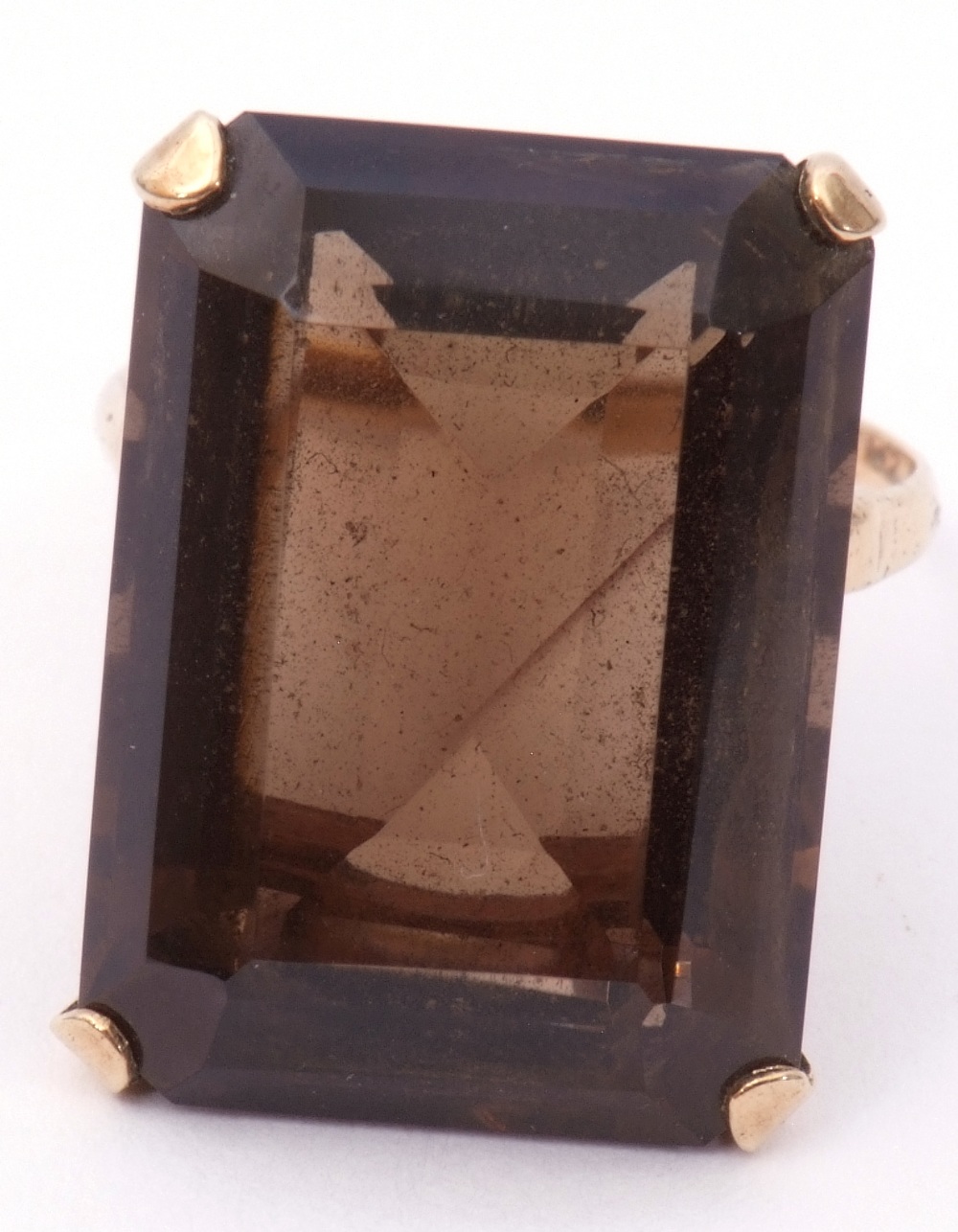 9ct stamped large smoky quartz ring of stepped cut rectangular shape, 2 x 1.5cm, four claw set and - Image 5 of 9