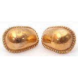 Pair of 9ct gold hollow earrings, a plain polished oval design, each with beaded borders and post