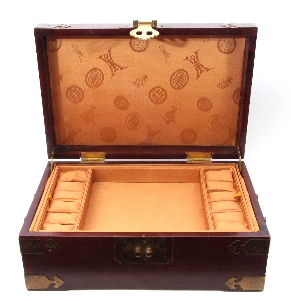 Chinese wood and brass mounted jewellery box, (void), 30 x 19 x 12cm high - Image 3 of 4