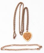 Mixed Lot: 9ct gold heart shaped St Christopher suspended on a 9ct gold fancy link chain, together