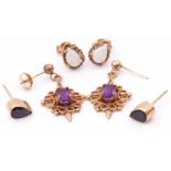Mixed Lot: three pairs of 9ct gold earrings, amethyst, opal, and blue stone set (3)