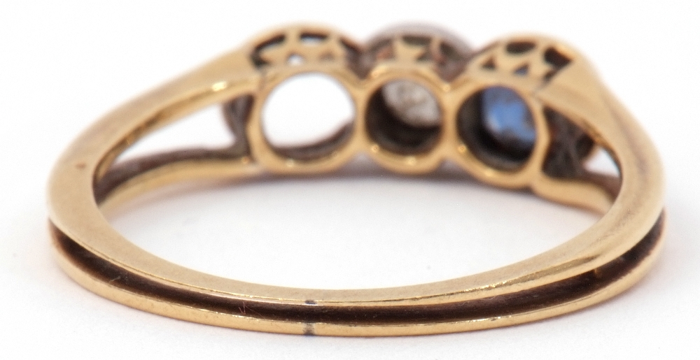 Antique diamond and sapphire ring, centring a brilliant cut diamond in rub-over setting and one oval - Image 5 of 7