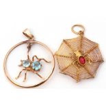 Mixed Lot: yellow metal spider's web pendant centring a spider with a red cabochon stone body,