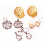 Four pairs of various earrings, pair of embossed white metal examples, heart, paste and grille