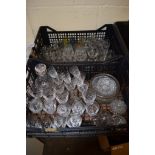 TWO BOXES OF CUT GLASS WARES, BRANDY GLASSES, WINE GLASSES ETC AND A CUT GLASS DECANTER