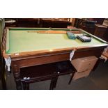 MAHOGANY SNOOKER TABLE RETAILED BY A W GAMAGE, LONDON, 193CM LONG