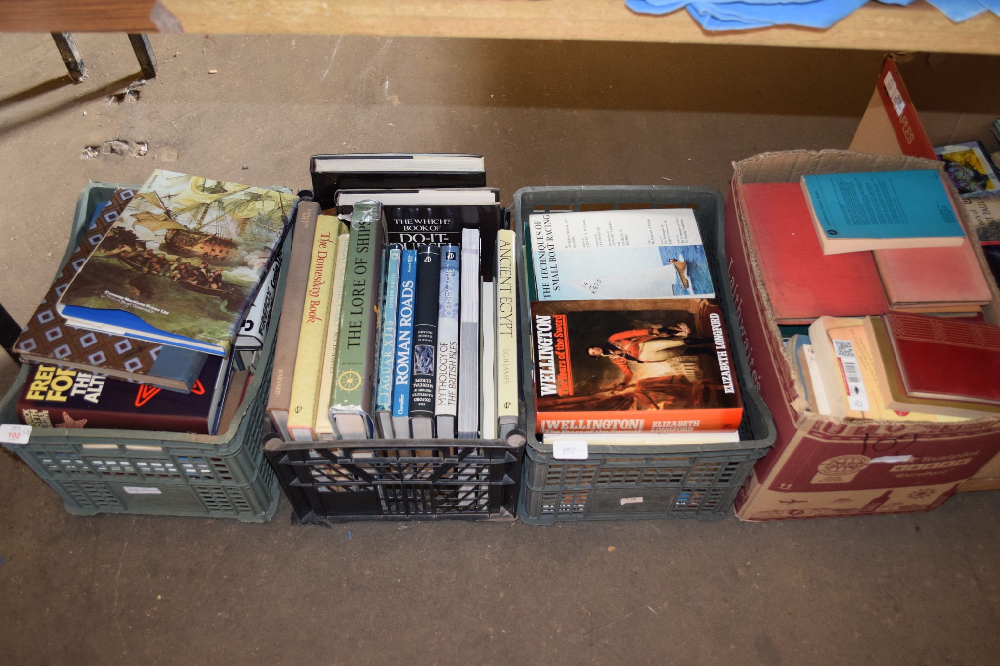 THREE BOXES OF BOOKS, VARIOUS TITLES INCLUDING THE DOOMSDAY BOOK, ANCIENT EGYPT AND THE LAW OF