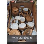 DENBY WARE PART TEA SET COMPRISING TEA POT, WATER JUG, MILK JUG, SUGAR BOWL, CUPS AND SAUCERS, ALL