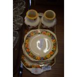 1930S STYLE POTTERY SANDWICH SET WITH PLATES AND SANDWICH PLATE TOGETHER WITH A PAIR OF POTTERY