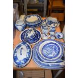 BLUE AND WHITE WARES, MAINLY LATE 19TH CENTURY INCLUDING COPELAND SPODE DISH, LATE 19TH CENTURY