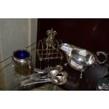 BIRMINGHAM SILVER SAUCE BOAT AND SMALL QUANTITY OF SILVER SPOONS, TOAST RACK WITH LONDON HALLMARK,