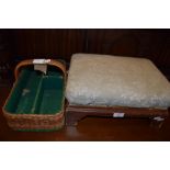 19TH CENTURY FOOT STOOL AND BASKET WORK CUTLERY TRAY, 40 AND 38CM LONG RESPECTIVELY