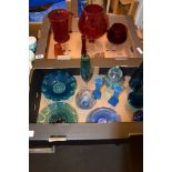 TWO BOXES OF COLOURED GLASS WARES INCLUDING LARGE RED COLOURED VASES AND BRANDY GLASSES
