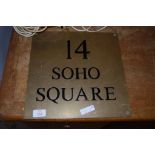 BRASS NAME PLAQUE WITH BLACK LETTERING FOR 14 SOHO SQUARE