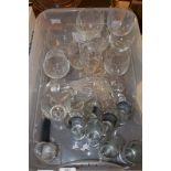 PLASTIC BOX CONTAINING GLASS WARES, BRANDY GLASSES, WINE GLASSES ETC