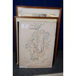 PLASTER PLAQUE WITH MAIDENS AND TWO FRAMED OAK PRINTS