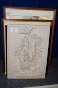 PLASTER PLAQUE WITH MAIDENS AND TWO FRAMED OAK PRINTS