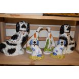 TWO STAFFORDSHIRE DOGS AND REPRODUCTION STAFFORDSHIRE MODELS