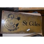 BRASS NAME PLAQUE WITH BLACK SCROLL LETTERING FOR ST GILES