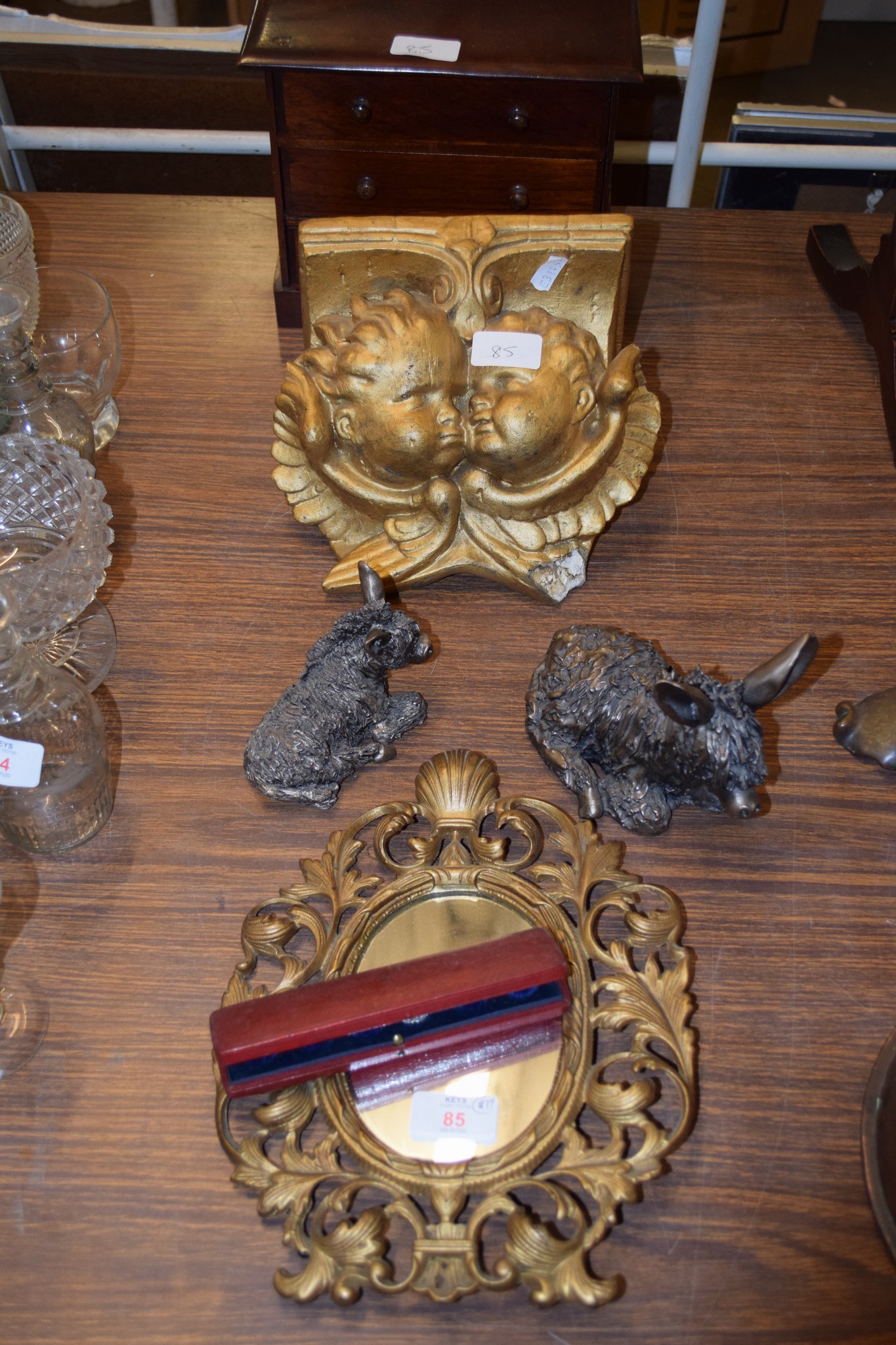 MINIATURE WOODEN JEWELLERY BOX AND OTHER ITEMS INCLUDING A GILT FRAMED MIRROR AND FRITH SCULPTURE OF