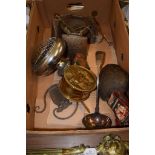BOX OF METAL WARES AND LARGE PLATED SOUP LADLE