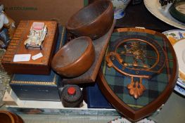 BOX CONTAINING VARIOUS WOODEN ITEMS INCLUDING A SMALL BOX MOUNTED WITH VINTAGE CAR,