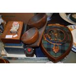 BOX CONTAINING VARIOUS WOODEN ITEMS INCLUDING A SMALL BOX MOUNTED WITH VINTAGE CAR,