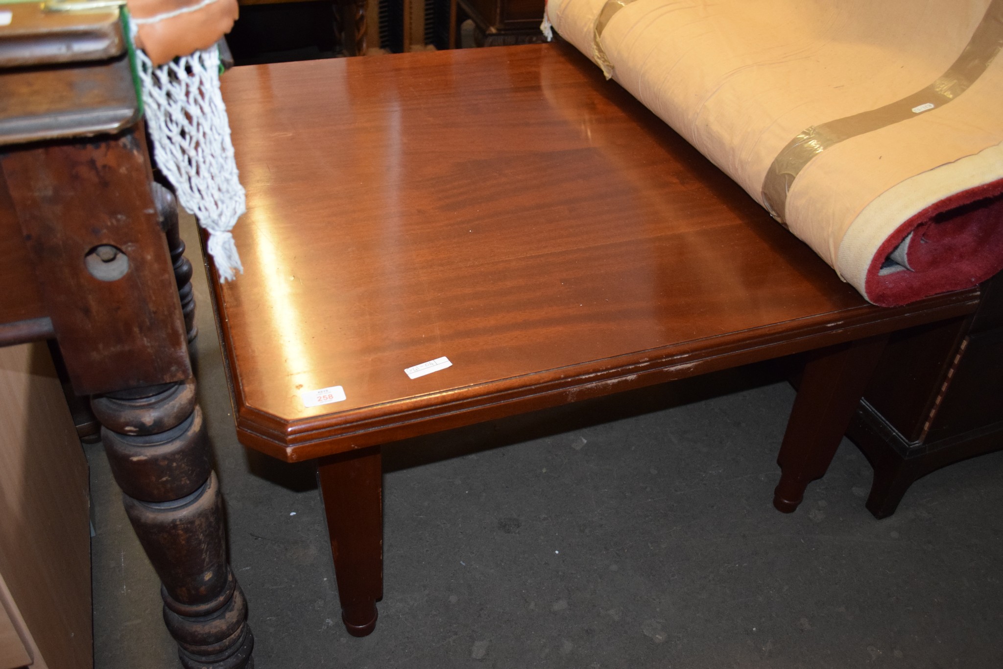 MAHOGANY SQUARE COFFEE TABLE WITH CANTED CORNERS, 91CM WIDE