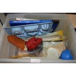 PLASTIC BOX CONTAINING GLASS WARES AND NEEDLEWORK ITEMS