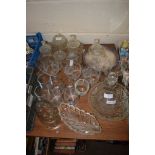CUT GLASS WARES INCLUDING DRESSING TABLE SET AND DECANTER AND GLASS JELLY MOULD