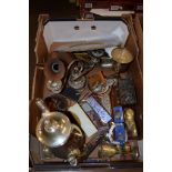 BOX CONTAINING VARIOUS PLATED WARES, COFFEE POT, TWO CHALICES AND OTHER PLATED ITEMS
