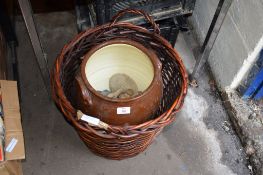 LARGE BROWN GLAZED POT AND WICKERWORK BASKET