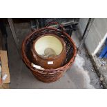 LARGE BROWN GLAZED POT AND WICKERWORK BASKET