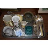 TRAY OF CHINA WARES AND FLAT WARES INCLUDING A CLARICE CLIFF BEEHIVE TYPE JAR AND COVER AND A